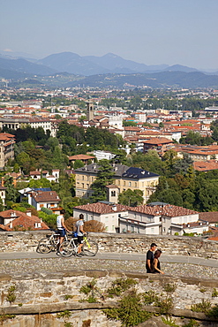 View of Lower Town from Upper Town Wall, Bergamo, Lombardy, Italy, Europe