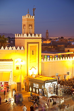 Mosque at dusk, Place Jemaa El Fna, Marrakesh, Morocco, North Africa, Africa