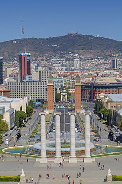 View from Magic fountain and Palace of Montjuic, Barcelona, Catalonia, Spain, Europe