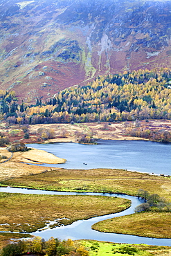 Derwentwater and the Slopes of Catbells in autumn from Surprise View in Ashness Woods near Grange, Lake District National Park, Cumbria, England, United Kingdom, Europe 