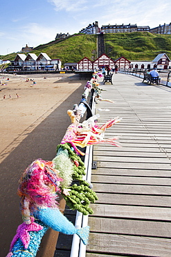 Saltburn Yarn Stormers knitting on the Pier at Saltburn by the Sea, Redcar and Cleveland, North Yorkshire, Yorkshire, England, United Kingdom, Europe