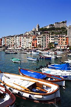 Colourful painted buildings by the Marina at Porto Venere, Cinque Terre, UNESCO World Heritage Site, Liguria, Italy, Mediterranean, Europe