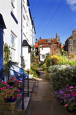 Pretty sidestreet in Robin Hoods Bay, Yorkshire, England, United Kingdom, Europe