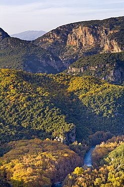 Looking down onto the Voidomatis River and Monastery of Panagia Spiliotissa near Aristi, Epirus, Greece, Europe