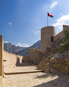 Inside the walls of the restored fort of Nakhal in the Western Hajar mountains of Oman, Middle East