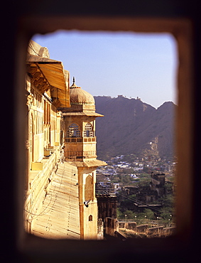 Looking down to the township below from the Amber Fort in Jaipur, Rajasthan, India, Asia