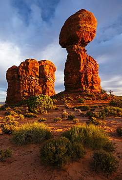 Balanced Rock at dusk, Arches National Park, Utah, United States of America, North America