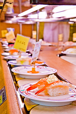 Kaiten-zushi shop (sushi restaurant), Shinjuku, Tokyo, Japan, Asia