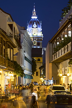 Colonial architecture at night, Old City, UNESCO World Heritage Site, Cartagena, Bolivar Department, Colombia, South America