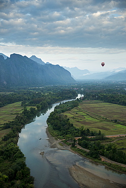 View from hot air balloon ride, Vang Vieng, Laos, Indochina, Southeast Asia, Asia 