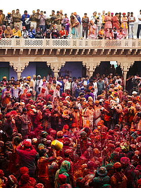 Lathmar Holi celebrations in Nand Rae Temple, Nandagaon, Braj, Uttar Pradesh, India, Asia