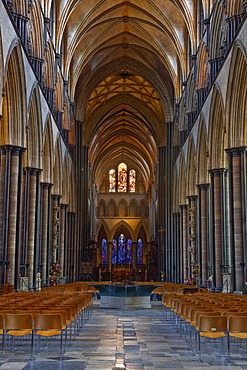 Looking down the magnificent nave of Salisbury Cathedral, Salisbury, Wiltshire, England, United Kingdom, Europe