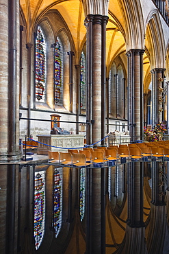 Mirrored reflections in the font of the aisle in Salisbury Cathedral, Salisbury, Wiltshire, England, United Kingdom, Europe