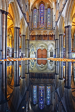 Looking towards the doorway of the west front of Salisbury Cathedral, Salisbury, Wiltshire, England, United Kingdom, Europe