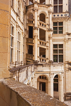 Looking towards the ornate renaissance staircase that leads towards the chambers of Francois 1er in the Chateau de Chambord, UNESCO World Heritage Site, Loir-et-Cher, Centre, France, Europe