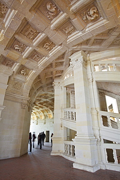 The beautifully carved ceilings and double helix staircase inside the Chateau de Chambord, UNESCO World Heritage Site, Loir-et-Cher, Centre, France, Europe