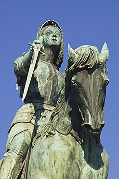 A statue of Joan of Arc riding her horse in Place du Martroi, Orleans, Loiret, France, Europe