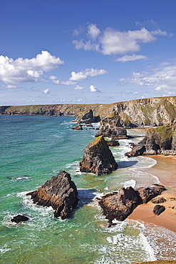 Looking down to the Bedruthan Steps on the north Cornwall coastline, Cornwall, England, United Kingdom, Europe