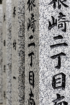 Japanese writing on stone in a temple, Osaka, Japan, Asia