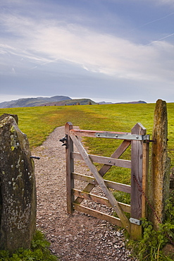 The gate that leads to Castlerigg stone circle in the Lake District National Park, Cumbria, England, United Kingdom, Europe