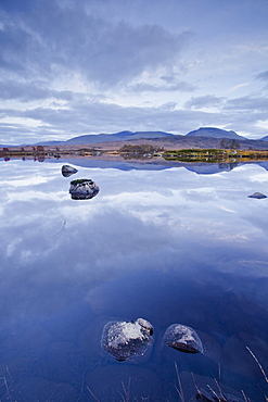 Loch Ba on Rannoch Moor at dusk, a Site of Special Scientific Interest, Perth and Kinross, Highlands, Scotland, United Kingdom, Europe