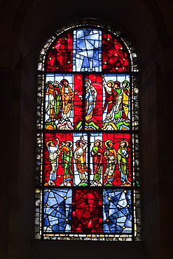 A 12th century stained glass window in the nave of St.-Julien du Mans cathedral, Le Mans, Sarthe, Pays de la Loire, France, Europe 