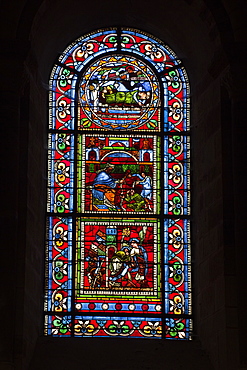 A 12th century stained glass window in the nave of St.-Julien du Mans cathedral, Le Mans, Sarthe, Pays de la Loire, France, Europe 