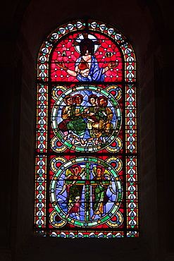 A 12th century stained glass window in the nave of St.-Julien du Mans cathedral, Le Mans, Sarthe, Pays de la Loire, France, Europe 