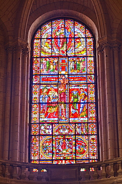 The famous stained glass window of the Crucifixion of Christ in Poitiers cathedral, Vienne, Poitou-Charentes, France, Europe 