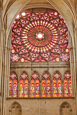 A rose window in Saint-Pierre-et-Saint-Paul de Troyes cathedral, in Gothic style, dating from around 1200, Troyes, Aube, Champagne-Ardennes, France, Europe 