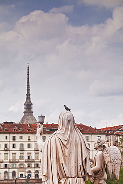 Statues in front of Gran Madre di Dio look over to Mole Antonelliana, Turin, Piedmont, Italy, Europe