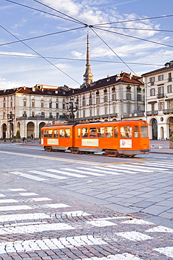 A tram passes through Piazza Vittorio Veneto, Turin, Piedmont, Italy, Europe