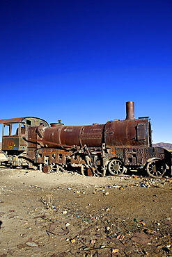 Rusting old steam locomotive at the Train cemetery (train graveyard), Uyuni, Southwest, Bolivia, South America