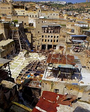 Tannery and cityscape, Fes (Fez), Morocco, North Africa, Africa