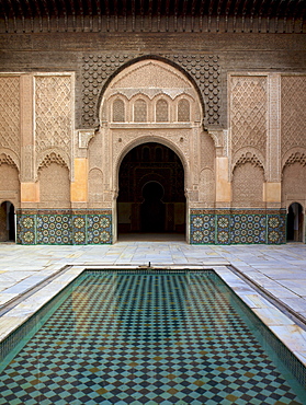 Intricate Islamic design at Medersa Ben Youssef, UNESCO World Heritage Site, Marrakech, Morocco, North Africa, Africa