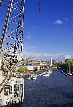 Bristol's floating harbour and an old Dockside crane, Bristol, England, United Kingdom, Europe