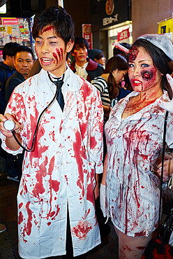 Doctors and nurses zombie costumes at the Halloween celebrations in Shibuya, Tokyo, Japan, Asia