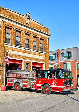 Red Fire Truck outside fire station in Chicago, Illinois, United States of America, North America