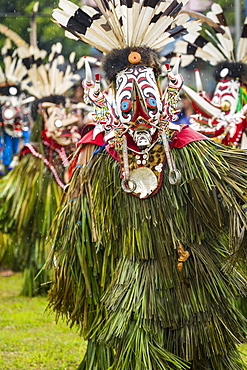 Masqked man wearing feather hornbill during Parade Hudoq