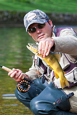 Trout fishing on the Loue river, Presentation of a wild trout (Salmo trutta fario), Franche-Comté, France