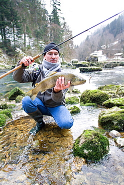 Trout fishing on the Doubs river, Catch a big wild trout, Goumois, Doubs, Franche-Comté, France