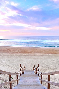 Access to the beach of Cap de L'Homy, at sunset, Lit Et Mixe, Landes, Cote d'Argent, France