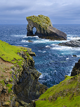 Gaada Stack. Landscape on Foula, part of the Shetland Islands. Europe, Great Britain, Scotland, Northern Isles, Shetland Islands