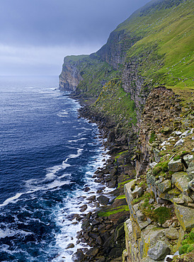The cliffs at Mucklaberg's Wick. Landscape on Foula, part of the Shetland Islands. Europe, Great Britain, Scotland, Northern Isles, Shetland Islands