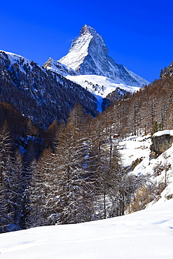 mount Matterhorn 4478 m in sunlight partly snow covered view from Riederalp mood