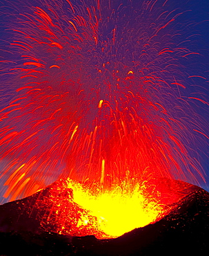 volcanic eruption fiery column and smoke over volcano crater night shot long exposure Eyjafjallajokull April 2010 Fimmvorduhals South Iceland Iceland Europe