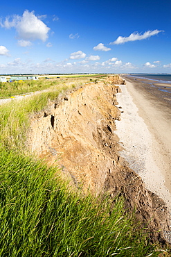 A collapsed coastal road at between Skipsea and Ulrome on Yorkshires East Coast, near Skipsea, UK. The coast is composed of soft boulder clays, very vulnerable to coastal erosion. This sectiion of coast has been eroding since Roman times, with many villages having disappeared into the sea, and is the fastest eroding coast in Europe. Climate change is speeding up the erosion, with sea level rise, increased stormy weather and increased heavy rainfall events, all palying their part.