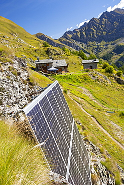 Solar panels attached to a cliff above the Refuge Bertone, which provied electricity to this off grid mountain hut.