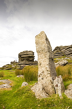 A granite Tor and standing stone on the summit of Great Links Tor, on Dartmoor, Devon, UK.