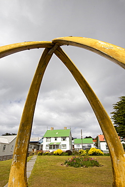 The Christian, Christ Church Cathedral in Port Stanley, the capital of the Falkland Islands, the most southerly cathedral in the world, with a whale bone arch from Blue whale lower jaw bones.